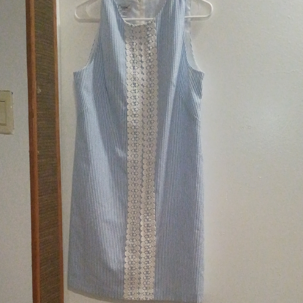 Blue and White Striped Dress with Lace Detail